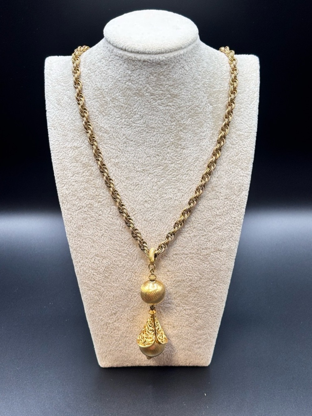 Monet Gold-Tone Rope Necklace with Filigree Drop Pendant